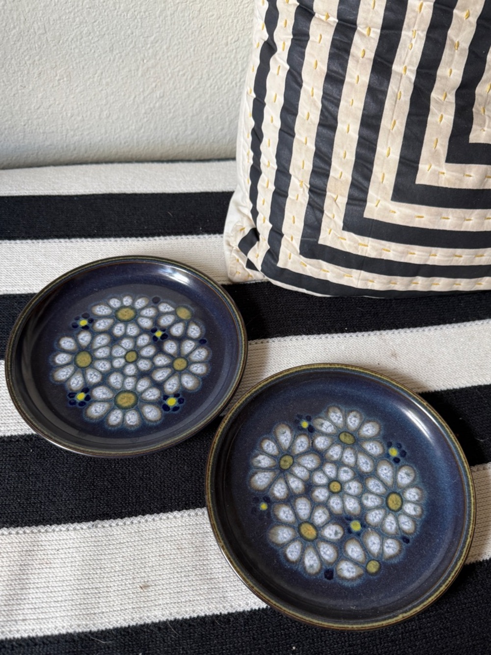 Set of two blue handmade ceramic small plates with floral print 7”